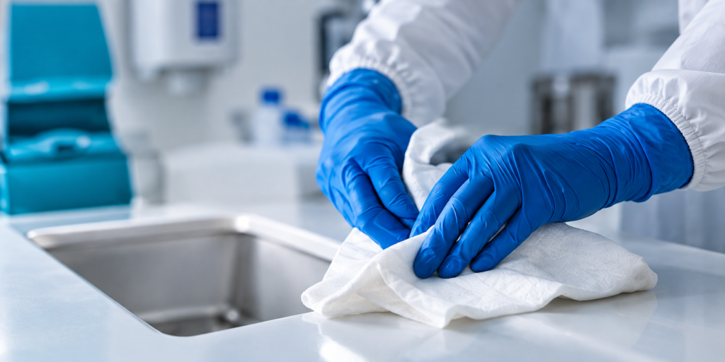 healthcare worker wearing gloves wiping down