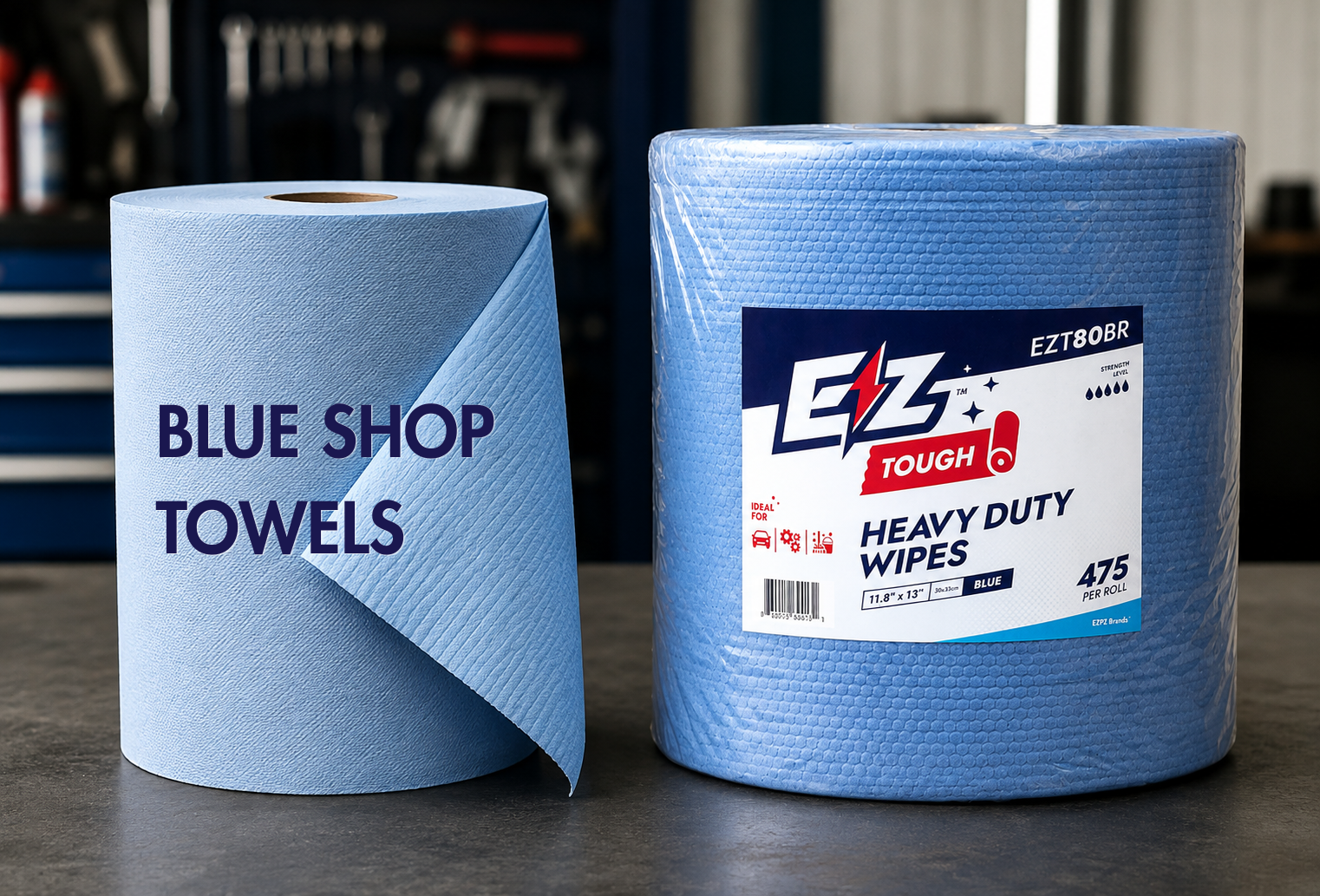 blue shop towels and EZPZ Heavy Duty Wipes